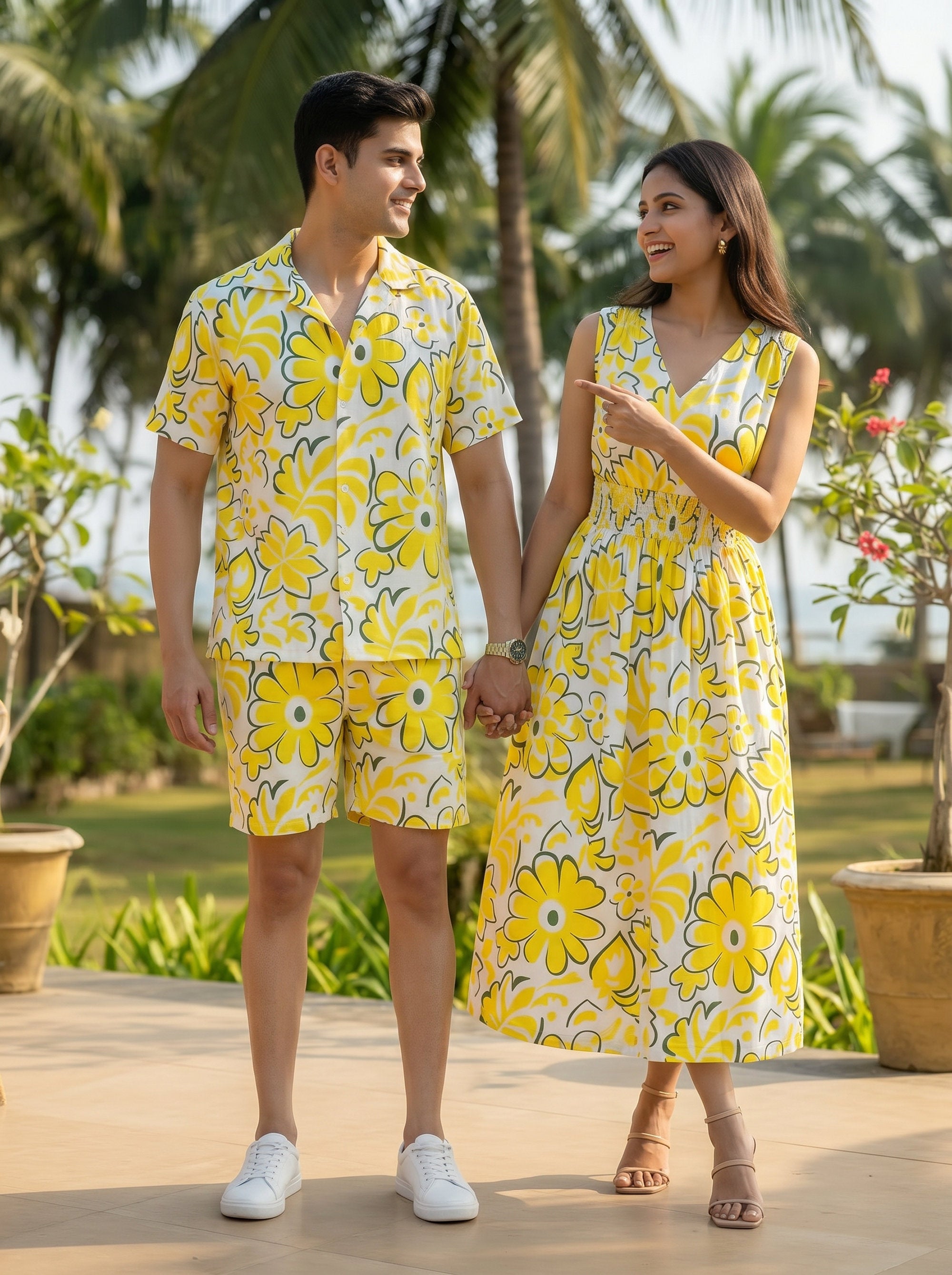 Couple Matching Beach Outfit – Mens Tropical Shirt & Womens Midi Dress for Honeymoon Dinner Anniversary & Pre Wedding Shoot