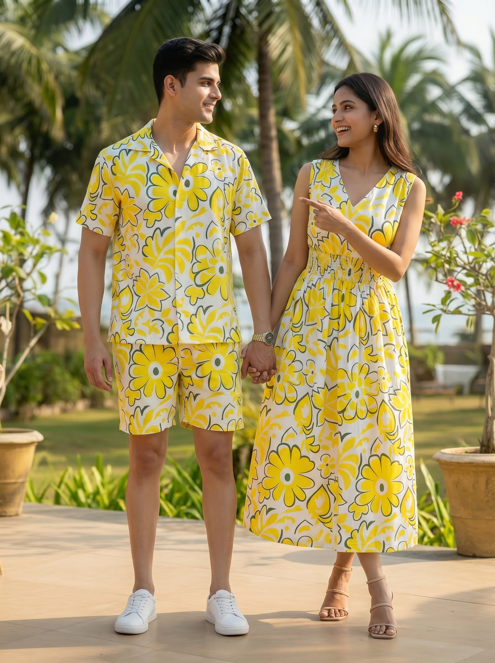Couple Matching Beach Outfit – Mens Tropical Shirt & Womens Midi Dress for Honeymoon Dinner Anniversary & Pre Wedding Shoot