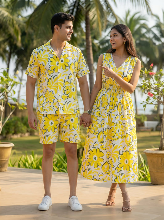 Couple Matching Beach Outfit – Mens Tropical Shirt & Womens Midi Dress for Honeymoon Dinner Anniversary & Pre Wedding Shoot