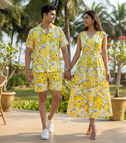 Couple Matching Beach Outfit – Mens Tropical Shirt & Womens Midi Dress for Honeymoon Dinner Anniversary & Pre Wedding Shoot
