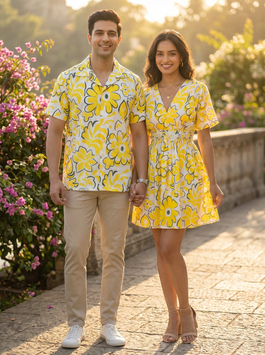 Couple Matching Vacation Outfit – Summer Shirt & Dress Set for Honeymoon Anniversary Resort Holiday & Romantic Dinner