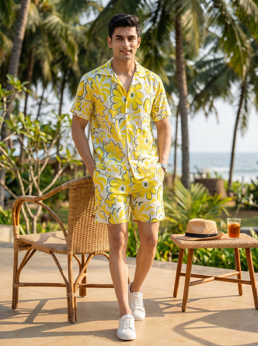 Mens Beach Co-Ord Set – Tropical Shirt & Shorts Vacation Outfit for Pool Party Resort Holiday & Goa Trip