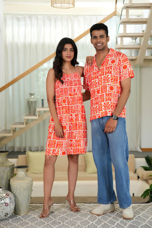 Couple Matching Tropical Print Outfit – Shirt & Dress Combo for Beach & Resort Vacations