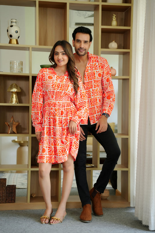 Couple Summer Outfit Set – Men’s Shirt & Women’s Midi Dress for Beach Resorts