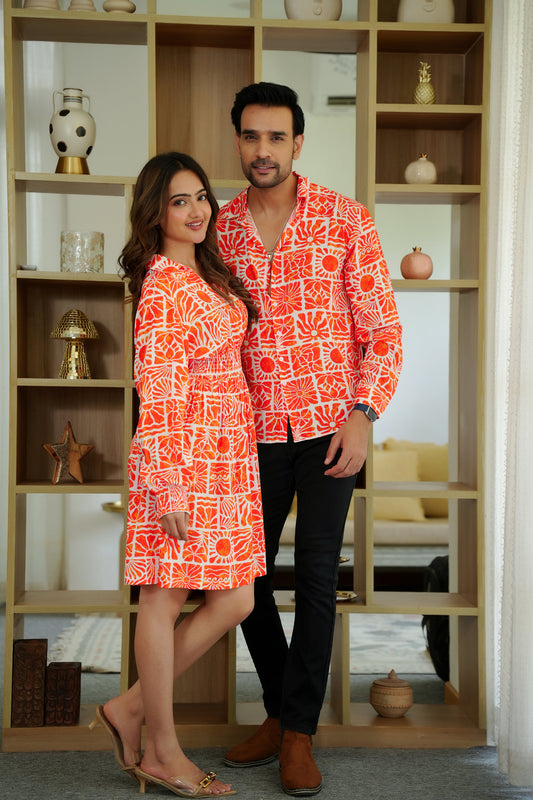 Couple Summer Outfit Set – Men’s Shirt & Women’s Midi Dress for Beach Resorts