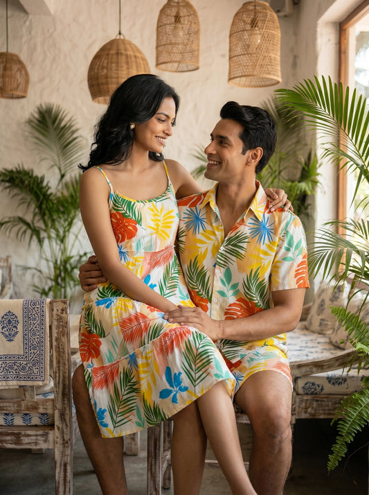 Couple Honeymoon Outfit Set – Matching Shirt & Kaftan for Beach Vacation Anniversary Dinner & Resort Getaway