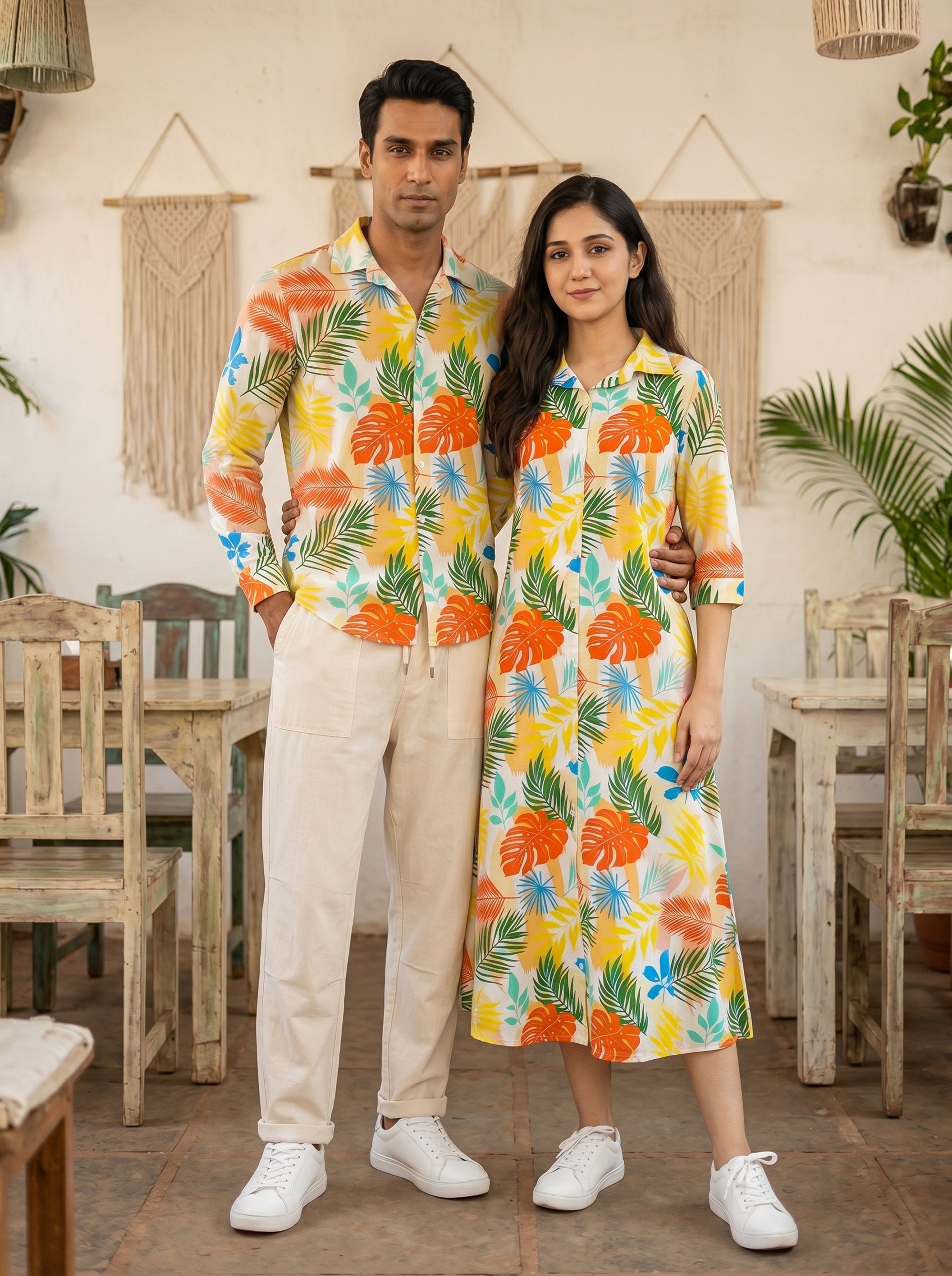 Couple Matching Beachwear Set – Men's Tropical Shirt & Women's Midi Dress for Honeymoon Dinner & Pre Wedding Shoot
