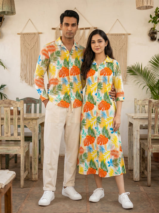 Couple Matching Beachwear Set – Men's Tropical Shirt & Women's Midi Dress for Honeymoon Dinner & Pre Wedding Shoot