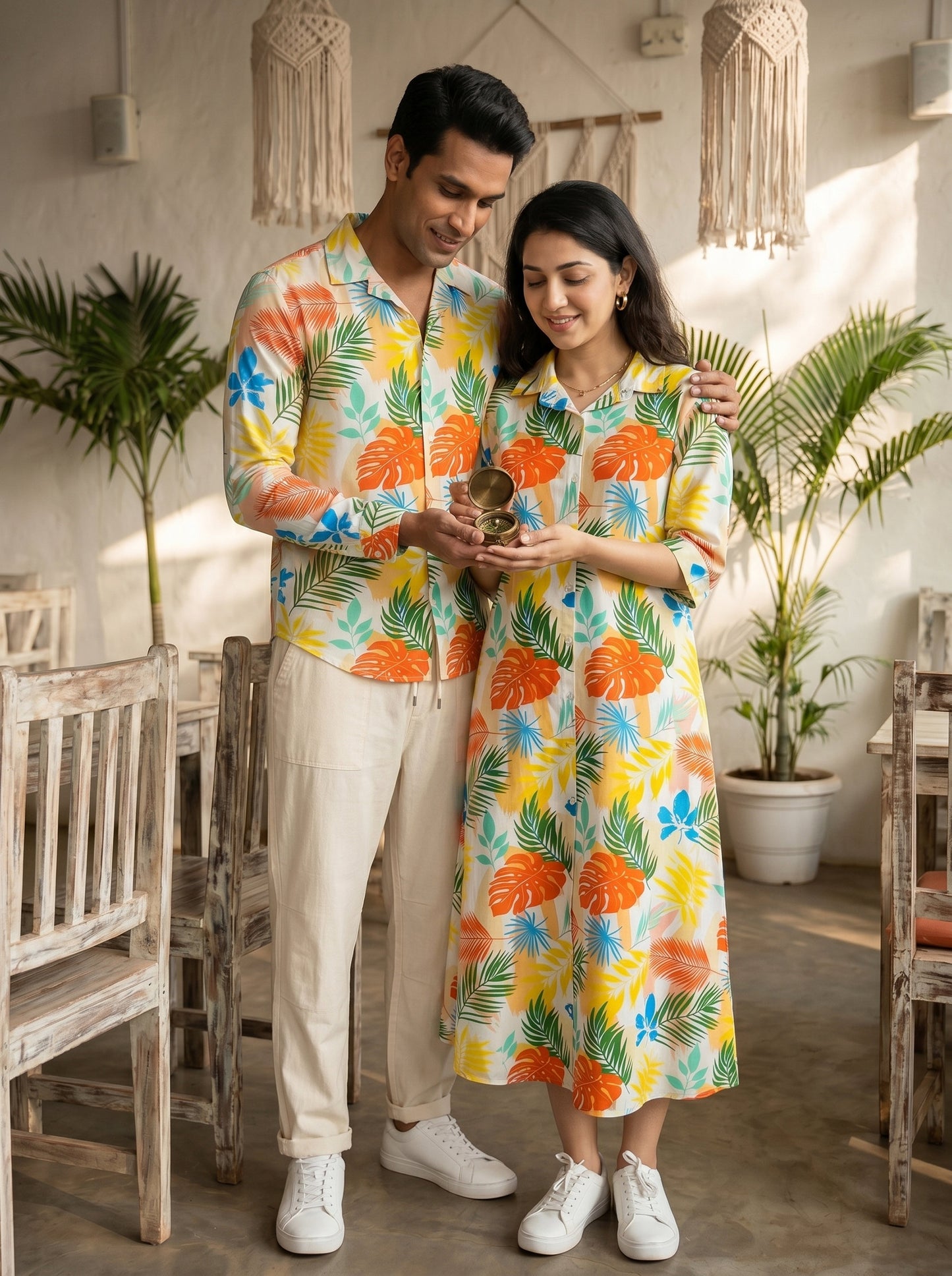 Couple Matching Beachwear Set – Men's Tropical Shirt & Women's Midi Dress for Honeymoon Dinner & Pre Wedding Shoot
