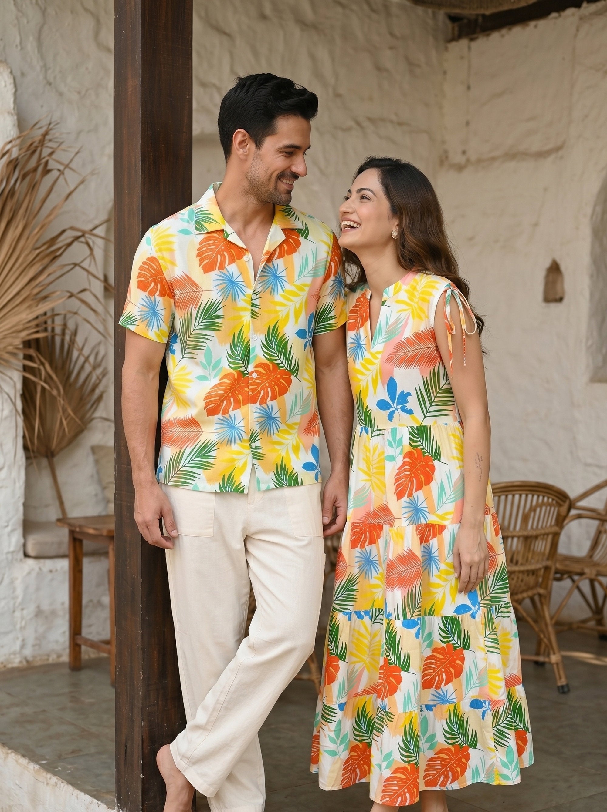 Couple Matching Holiday Outfit – Summer Shirt & Dress Set for Anniversary Dinner Honeymoon & Resort Vacation