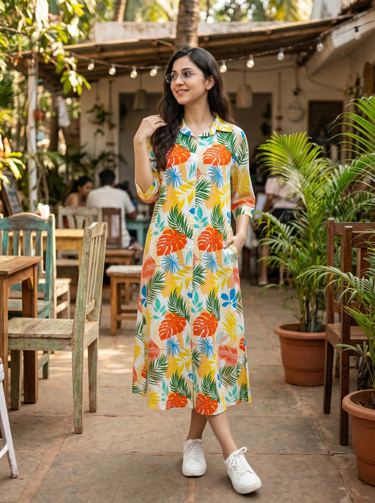 Women's Tropical Midi Dress – Resort Vacation Outfit for Birthday Dinner Beach Holiday & Summer Getaway