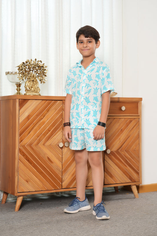 Boy’s White Tropical Co-Ord Set – Shirt & Shorts Summer Beach Outfit