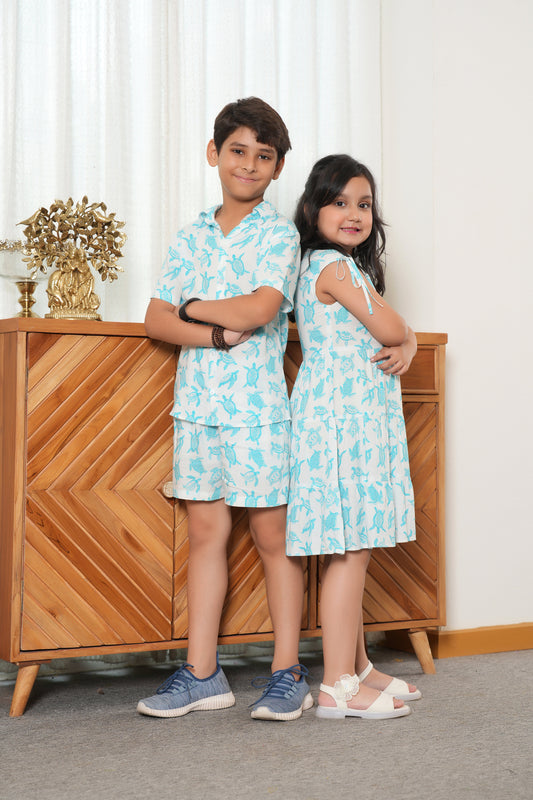 Brother & Sister Matching Outfit – White Tropical Resort Wear