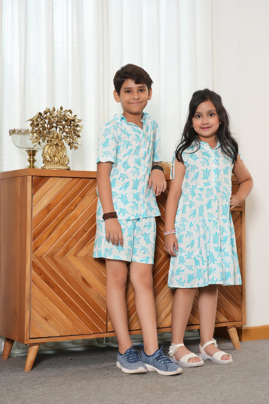 Brother & Sister Matching Outfit – White Tropical Resort Wear