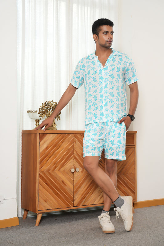 Men’s Tropical White Co-Ord Set – Shirt & Shorts Vacation Outfit