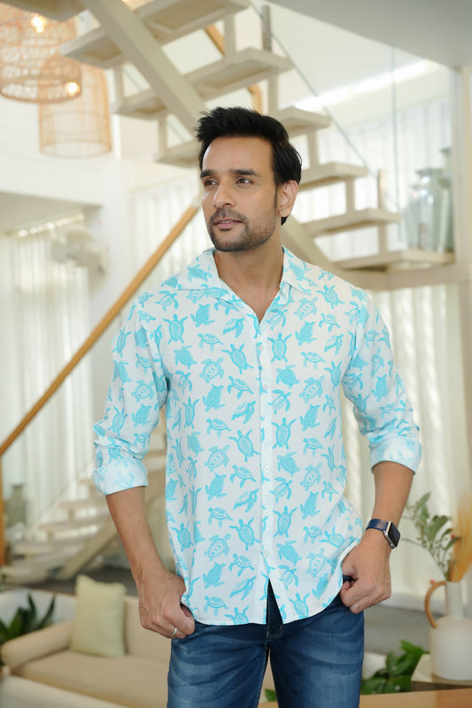Men’s Full Sleeve Tropical Shirt – White Resort Wear for Vacations