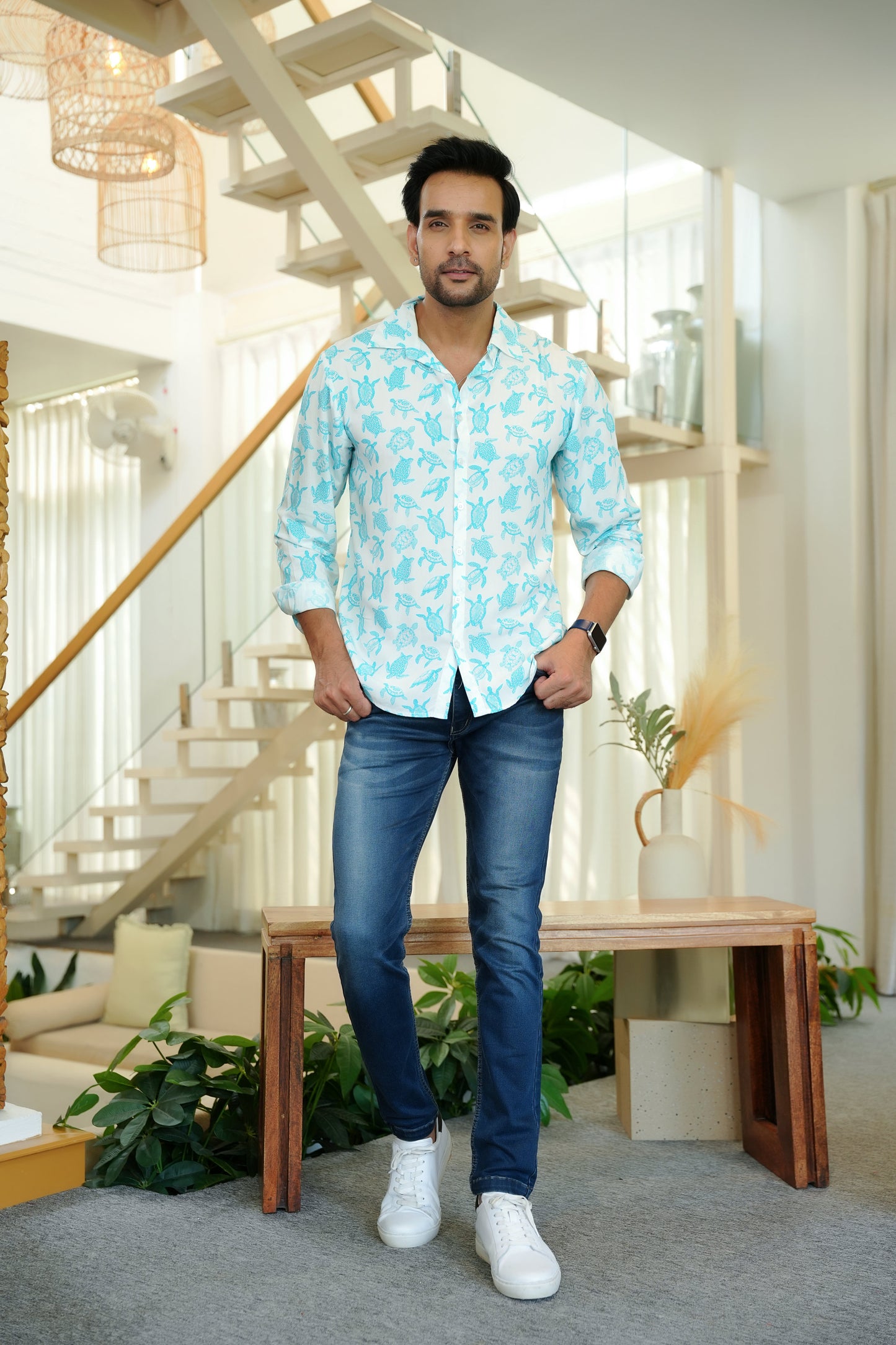 Men’s Full Sleeve Tropical Shirt – White Resort Wear for Vacations